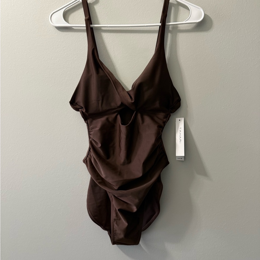 Tahari one‎ piece swimsuit cutout cocoa brown NEW